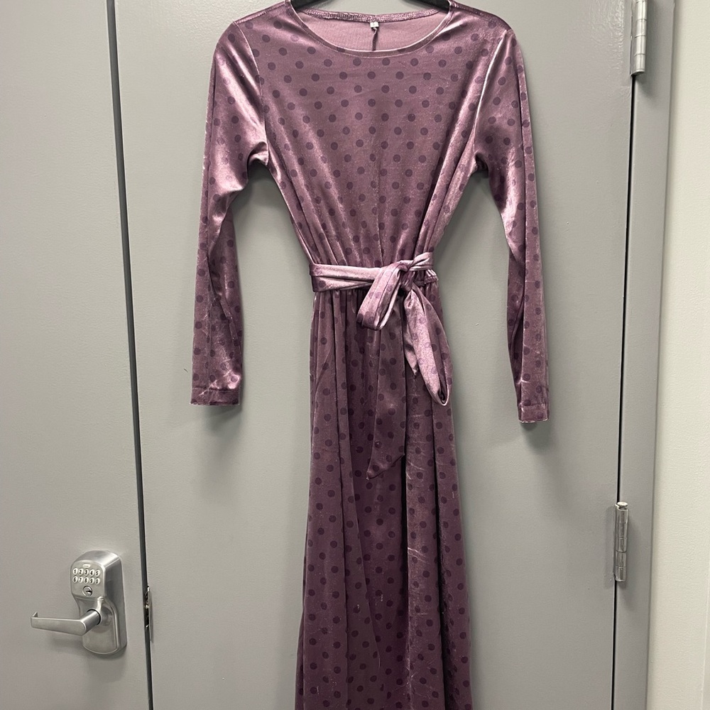 Velvet Polka Dot Midi Dress with Removal Belt Light Purple Size Small